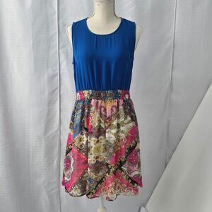 Umgee Womens Large Sleeveless Blue Medallion Scarf Print Boho Knee Length Dress